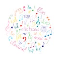 Colorful Hand Drawn Set of Music Symbols. Doodle Treble Clef, Bass Clef, Notes and Music Styles Arranged in a Circle Royalty Free Stock Photo