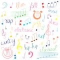 Colorful Hand Drawn Set of Music Symbols and Styles. Doodle Treble Clef, Bass Clef, Notes and Lyre. Lettering of Blues, Electron