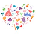 Colorful Hand Drawn Set of Valentine`s Day Symbols. Children`s Funny Doodle Drawings of Hearts, Gifts, Rings, Balloons