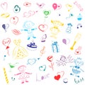 Colorful Hand Drawn Set of Valentine`s Day Symbols. Children`s Cute Drawings of Hearts, Gifts, Rings, Balloons and Kids.