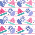 Cute colorful hand drawn summer seamless vector pattern illustration with watermelon slice, seed and lemons on striped background Royalty Free Stock Photo