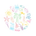 Colorful Hand Drawn Summer Symbols. Doodle Boats, Ice cream, Palms, Hat, Umbrella, Jellyfish, Cocktail, Sun Arranged in a Circle