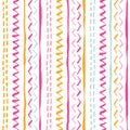 Colorful hand drawn tribal stripes, stitches on white background vector seamless pattern. Fresh geometric drawing