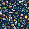 Colorful hand drawn vector doodle seamless pattern of Space symbols and objects Royalty Free Stock Photo