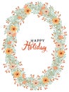 Colorful hand drawn vintage greeting card with circlet of flowers on a white background,