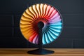 a colorful hand fan resting on a modern, sleek electric fan