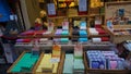 Colorful hand made olive oil soap bars exhibited on a market stand. Royalty Free Stock Photo