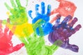 Colorful hand paint from kids hands on white paper