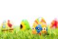 Colorful hand painted Easter eggs in grass. Spring theme, white copy-space Royalty Free Stock Photo