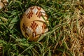 Colorful hand painted Easter eggs. Easter eggs in spring green grass.Happy Easter.Spring festive symbols.Holiday Still life photo.