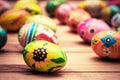 Colorful hand painted Easter eggs on wood. Unique handmade, vintage design.