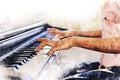 Colorful hand playing keyboard of the piano foreground Watercolor painting background and Digital illustration brush to art.