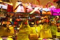 Colorful handbags on display at shop window