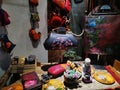 Colorful handbags displayed in fashion shop