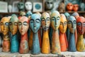 Colorful Handcrafted Ceramic Busts Displayed at an Outdoor Artisan Market