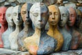 Colorful Handcrafted Ceramic Busts Displayed at an Outdoor Artisan Market
