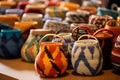 Colorful handmade bags on display in a shop window, close up. Ai generated