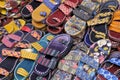 Colorful Handmade chappals (sandals) being sold in an Indian market, Handmade leather slippers, Traditional footwear Royalty Free Stock Photo