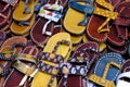 Colorful Handmade chappals (sandals) being sold in an Indian market, Handmade leather slippers, Traditional footwear Royalty Free Stock Photo