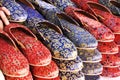 Colorful Handmade chappals (sandals) being sold in an Indian market, Handmade leather slippers, Traditional footwear Royalty Free Stock Photo