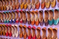 Colorful Handmade chappals (sandals) being sold in an Indian market, Handmade leather slippers, Traditional footwear Royalty Free Stock Photo