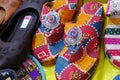 Colorful Handmade chappals (sandals) being sold in an Indian market, Handmade leather slippers, Traditional footwear Royalty Free Stock Photo