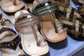 Colorful Handmade chappals (sandals) being sold in an Indian market, Handmade leather slippers, Traditional footwear Royalty Free Stock Photo