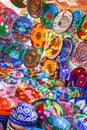 Colorful handmade decorative mexican plates with many patterns o Royalty Free Stock Photo