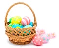 Colorful handmade easter eggs in the basket and flowers Royalty Free Stock Photo