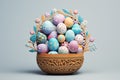 Colorful handmade easter eggs in the basket. By generative Ai