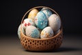 Colorful handmade easter eggs in the basket. By generative Ai