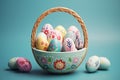 Colorful handmade easter eggs in the basket. By generative Ai