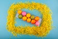 Colorful handmade Easter eggs in a frame made of dry grass. Top view of an open transparent box.  on a blue Royalty Free Stock Photo