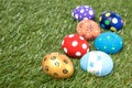 Colorful handmade easter eggs on green grass Royalty Free Stock Photo
