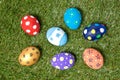 Colorful handmade easter eggs on green grass Royalty Free Stock Photo