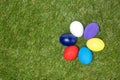 Colorful handmade easter eggs on green grass Royalty Free Stock Photo