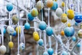 Colorful handmade egges for easter in branches outdoor. Royalty Free Stock Photo