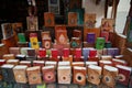 Colorful Handmade leather notebook, Books and agendas outside at a shop front for sale. Souvenir shop with handmade leather bags