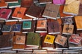 Colorful Handmade leather notebook, Books and agendas outside at a shop front for sale. Souvenir shop with handmade leather bags