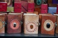 Colorful Handmade leather notebook, Books and agendas outside at a shop front for sale. Souvenir shop with handmade leather bags