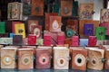 Colorful Handmade leather notebook, Books and agendas outside at a shop front for sale. Souvenir shop with handmade leather bags