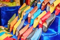 Colorful handmade leather slippers on a market in Marrakech, Morocco