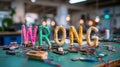 Colorful handmade letters spelling 'WRONG' on tech workshop table with wires and electronic components Royalty Free Stock Photo