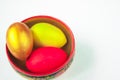 Colorful handmade painted Easter eggs painted Khokhloma bowl on white background