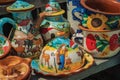 Colorful handmade porcelain pots and dishes