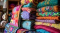 Colorful handmade quilts folded on a shelf displaying patchwork and embroidery Royalty Free Stock Photo