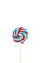 Colorful handmade swirl lollipop isolated on white background. multicolored lollipop, Tasty colorful fruit flavored candy. striped