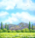 Watercolor landscape. Cloudy sky over valley blossoms Royalty Free Stock Photo