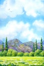 Watercolor landscape. Cloudy sky over valley blossoms Royalty Free Stock Photo