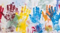 Colorful handprints on a canvas creating a vibrant, abstract art piece with splattered paint Royalty Free Stock Photo